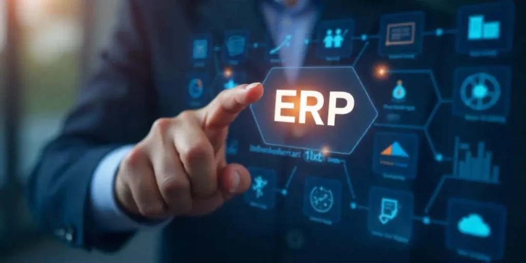 Homem com elementos de tecnologia com o dedo apontando para o termo ERP para ilustrar texto sobre trocar de erp