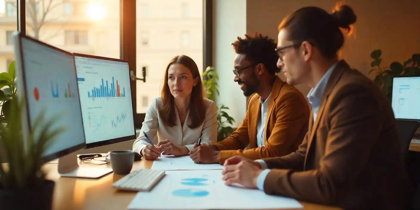 profissionais olhando dashboard para ilustrar texto sobre gestão de riscos corporativos