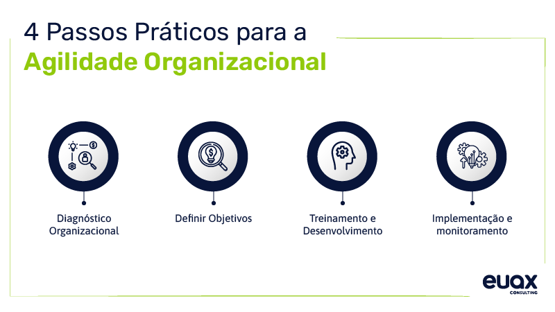 4 passos para a agilidade organizacional: diagnóstico organizacional, definir objetivos, treinamento e desenvolvimento, implementação e monitoramento